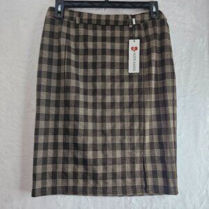 Kate Kasin Pencil Skirt Brown Plaid Size L High Waist Zip Closure Office